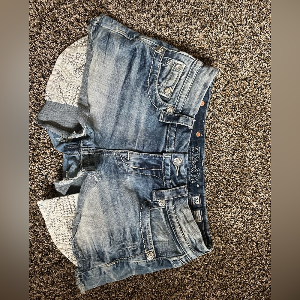 Miss Me Blue Denim Shorts with Lace Accents